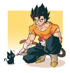 Rule 34 | 1boy, 1other, absurdres, all fours, blouse, cat, dougi, dragon ball, earrings, feeding, food, fusion, gloves, highres, holding, holding food, jewelry, kneeling, looking at another, looking at food, monkey tail, muscular, muscular male, orange shirt, pants, potara earrings, relio db318, shirt, short hair, short sleeves, simple background, spiked hair, tail, tama (dragon ball), translated, vegetto, white footwear, white gloves