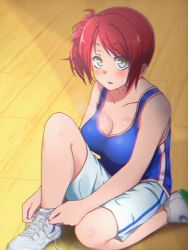 Rule 34 | 163 (shiromeshi), 1girl, bare shoulders, blush, breasts, cleavage, indoors, kano misora, kneeling, large breasts, looking at viewer, parted lips, red hair, shoes, short hair, shorts, shoujo kageki revue starlight, shoujo kageki revue starlight -re live-, smile, sneakers, solo, sweat, tank top, tying shoes, yellow eyes
