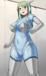 Rule 34 | 1girl, blue eyes, blue skin, blurry, blurry background, blush, breasts, censored, character request, cleavage, clenched hands, colored skin, commentary request, copyright request, dickneck, elbow gloves, feet out of frame, gloves, green hair, hair between eyes, highres, long hair, looking away, misplaced genitals, mosaic censoring, navel, no pussy, open mouth, oruka (kamituki0827), penis neck, sidelocks, solo, thick thighs, thighhighs, thighs, see-through body