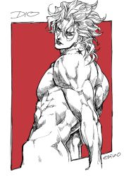 Rule 34 | 1boy, abs, artist name, border, character name, dio brando, earrings, jewelry, jojo no kimyou na bouken, lips, looking at viewer, mojisan (ebimo), monochrome, muscular, muscular male, parted lips, red background, solo, stardust crusaders, upper body, white border, white eyes, white hair