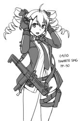 Rule 34 | 1girl, :d, ahoge, arms up, bow, collared shirt, dated, drill hair, ear protection, folding gun, girls&#039; frontline, gloves, greyscale, gun, hair between eyes, hair bow, hair ornament, hairclip, highres, jacket, long sleeves, looking at viewer, machine gun, monochrome, name connection, navel, ndtwofives, necktie, object namesake, open clothes, open jacket, open mouth, panties, pp-90, pp-90 (girls&#039; frontline), shirt, simple background, smile, solo, submachine gun, transforming weapon, twin drills, underwear, weapon, weapon request, white background
