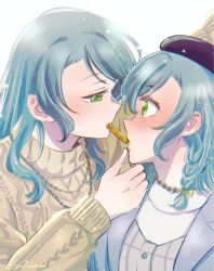 2girls aqua_hair bang_dream! blue_jacket braid commentary_request food food_in_mouth french_fries green_eyes hat highres hikawa_hina hikawa_sayo imminent_kiss incest jacket jewelry long_hair looking_at_another medium_hair multiple_girls necklace purple_hat sharing_food shirt siblings side_braids sisters twincest twins white_shirt xin_(blueramen) yuri