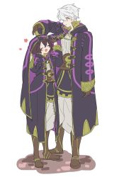 Rule 34 | 1boy, 1girl, ^ ^, bad id, bad pixiv id, blush stickers, boots, brown hair, cloak, closed eyes, father and daughter, fire emblem, fire emblem awakening, full body, gloves, gold trim, highres, itou (very ito), leather, leather gloves, long sleeves, looking at another, morgan (female) (fire emblem), morgan (fire emblem), nintendo, open mouth, pants, robin (fire emblem), robin (male) (fire emblem), shared clothes, shared coat, shirt, short hair, silver hair, simple background, sketch, smile, standing, under another&#039;s clothes, white background