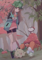 Rule 34 | 1girl, 343rone, black footwear, black shorts, brown eyes, brown hair, buttons, commentary request, creatures (company), fanny pack, foongus, forest, game freak, gen 1 pokemon, gen 3 pokemon, gen 5 pokemon, gen 7 pokemon, grass, green headwear, green jacket, hat, highres, holding, holding mushroom, jacket, leaf (pokemon), leaf (sygna suit) (pokemon), long hair, looking down, morelull, mushroom, nature, nintendo, official alternate costume, open clothes, open jacket, outdoors, parasect, pink shirt, pokemon, pokemon masters ex, shirt, shorts, shroomish, standing, tree, twitter username, watermark, white bag