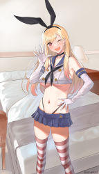 Rule 34 | 1girl, a1 (initial-g), bare shoulders, bed, black panties, blue skirt, breasts, chair, choker, collarbone, cosplay, crop top, desk, dot nose, ear piercing, earrings, elbow gloves, gloves, hand on own hip, hand up, highleg, highleg panties, indoors, jewelry, kantai collection, kitagawa marin, lamp, large breasts, long hair, looking at viewer, neckerchief, one eye closed, open mouth, panties, parted bangs, piercing, pleated skirt, sailor collar, shimakaze (kancolle), shimakaze (kancolle) (cosplay), shirt, skirt, sleeveless, sleeveless shirt, smile, solo, sono bisque doll wa koi wo suru, standing, striped clothes, striped thighhighs, swept bangs, thighhighs, thighs, twitter username, underboob, underwear, white gloves, white shirt