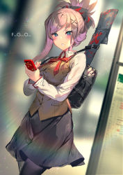 Rule 34 | 1girl, asymmetrical hair, backpack, bag, black skirt, blue eyes, blush, bow, bowtie, breasts, brown vest, cellphone, collared shirt, copyright name, dress shirt, fate/grand order, fate (series), hair ornament, holding, holding phone, homurahara academy school uniform, large breasts, miyamoto musashi (fate), outdoors, pantyhose, phone, pink hair, ponytail, school uniform, shirt, single sidelock, skirt, smartphone, striped bow, striped bowtie, striped clothes, striped neckwear, swept bangs, vest, weapon bag, white shirt, x hair ornament, yoshimoto (dear life)