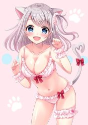 Rule 34 | 1girl, :d, animal ears, bare arms, bare shoulders, blue eyes, blush, bow, bow bra, bra, breasts, bridal garter, cat ears, cat tail, cleavage, collarbone, contrapposto, cowboy shot, fang, frilled bra, frills, hair ornament, hair scrunchie, hands up, leaning forward, long hair, looking at viewer, navel, one side up, open mouth, original, paw pose, paw print, paw print background, pink background, pink bra, pink scrunchie, red bow, sakura hiyori, scrunchie, shiny skin, silver hair, smile, solo, standing, stomach, tail, tail bow, tail ornament, tareme, underwear, underwear only, wrist cuffs