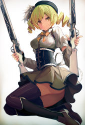 Rule 34 | 10s, 1girl, blonde hair, boots, drill hair, dual wielding, female focus, gun, hat, holding, holding gun, holding weapon, jumping, long hair, magical girl, mahou shoujo madoka magica, mahou shoujo madoka magica (anime), md5 mismatch, no panties, revision, skirt, solo, thighhighs, tomoe mami, twin drills, twintails, weapon, yellow eyes, zen33n