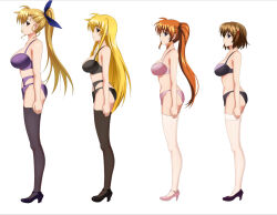 Rule 34 | 4girls, ass, black bra, black panties, black thighhighs, blonde hair, blue eyes, bra, breasts, brown hair, bust chart, closed mouth, commentary request, fate testarossa, from side, full body, garter belt, hair ornament, hair ribbon, high heels, kouga (may20048), large breasts, lingerie, long hair, lyrical nanoha, mahou shoujo lyrical nanoha strikers, multiple girls, panties, pink bra, pink panties, ponytail, purple bra, purple panties, red eyes, ribbon, short hair, simple background, standing, takamachi nanoha, thighhighs, underwear, vivio, white background, white thighhighs, x hair ornament, yagami hayate