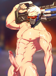 Rule 34 | 1boy, abs, assault rifle, bara, erection, gun, highres, lvlv, male focus, mask, mouth mask, muscular, nipples, overwatch, overwatch 1, pectorals, penis, rifle, scar, scar across eye, scar on face, short hair, soldier: 76 (overwatch), solo, sweat, testicles, topless male, uncensored, visor, weapon