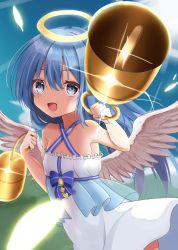 Rule 34 | 1girl, :d, absurdres, angel, angel wings, bad id, bad pixiv id, bare shoulders, bell, bellringer angel, blue eyes, blue hair, breasts, day, dress, feathers, glint, halo, halterneck, highres, holding, holding bell, jewelry, long hair, looking at viewer, momonari1999, open mouth, outdoors, shadowverse, small breasts, smile, solo, white dress, white wings, wings