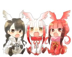 Rule 34 | 10s, 3girls, between legs, bird tail, bird wings, black-headed ibis (kemono friends), black eyes, black hair, braid, chibi, clenched hand, elbow gloves, fur collar, gloves, gradient hair, hair ornament, hand between legs, head wings, japanese crested ibis (kemono friends), kemono friends, long sleeves, multicolored hair, multiple girls, neck ribbon, open mouth, pantyhose, pleated skirt, red eyes, red hair, ribbon, scarlet ibis (kemono friends), short hair with long locks, sitting, skirt, tail, twintails, user tcrs2552, white hair, wings, yellow eyes