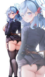 Rule 34 | 1girl, ako (blue archive), ass, belt, black panties, black thighhighs, blue archive, blue eyes, blue hair, blush, breasts, brown belt, clipboard, ear blush, earrings, garter straps, gloves, hairband, halo, highres, holding, holding clipboard, holster, jacket, jewelry, large breasts, looking at viewer, looking back, medium hair, no pants, panties, parted lips, simple background, ssong2, stud earrings, sweatdrop, thighhighs, thighs, underwear, white background, zoom layer