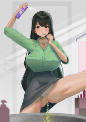 Rule 34 | 1girl, bad id, bad pixiv id, black hair, breasts, brushing teeth, collarbone, cowboy shot, eyelashes, feet out of frame, female focus, female pubic hair, gluteal fold, green shirt, highres, holding, huge breasts, leg up, long hair, multitasking, nokironokii, nonchalant, nonchalant peeing, original, pee, peeing, pencil skirt, pubic hair, pussy, shirt, shirt tucked in, skirt, solo, standing, thighs, uncensored, very long hair, water drop, yellow eyes