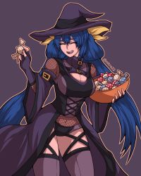 Rule 34 | 1girl, absurdres, belt, blue hair, bodysuit, bowl, breasts, candy, cleavage, closed eyes, clothing cutout, covered navel, detached sleeves, dizzy (guilty gear), fingerless gloves, fishnet bodysuit, fishnet sleeves, fishnets, food, gloves, guilty gear, guilty gear xrd, hair between eyes, hair ribbon, halloween, halloween costume, hat, highres, holding, holding candy, holding food, large breasts, long hair, mature female, navel, oltra22, open mouth, purple background, purple thighhighs, ribbon, sidelocks, simple background, solo, thick thighs, thigh strap, thighhighs, thighs, twintails, twitter username, wide sleeves, witch, witch hat, yellow ribbon