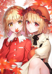 Rule 34 | 2girls, aki minoriko, aki shizuha, autumn, autumn leaves, blonde hair, blush, breasts, buttons, closed mouth, collared shirt, flat chest, frilled shirt collar, frills, hair between eyes, hair ornament, hat, highres, holding, holding leaf, large breasts, leaf, leaf hair ornament, maple leaf, mob cap, multiple girls, parted lips, red eyes, red headwear, red shirt, red skirt, shironeko yuuki, shirt, short hair, siblings, sisters, skirt, smile, touhou, yellow eyes, yellow shirt