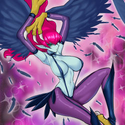 Rule 34 | 1girl, armpits, arms up, blue feathers, blue skin, colored skin, duel monster, elbow gloves, feathered wings, feathers, gloves, green eyes, harpie lady, harpie lady (normal monster), harpy, knee up, long hair, looking at viewer, monster girl, navel, none (44404247), pointy ears, profile, purple background, red hair, solo, talons, winged arms, wings, yu-gi-oh!