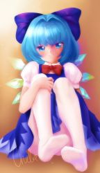Rule 34 | 1girl, blue dress, blue eyes, blue hair, bow, bowtie, cirno, dress, hair bow, highres, ice, ice wings, no shoes, pantyhose, puffy short sleeves, puffy sleeves, red bow, red bowtie, short sleeves, signature, sitting, skullchimes, smile, solo, touhou, white pantyhose, wings