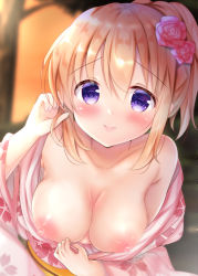 Rule 34 | 1girl, bare shoulders, blurry, blurry background, blush, breasts, breasts out, closed mouth, collarbone, commentary request, depth of field, floral print, flower, gochuumon wa usagi desu ka?, hair between eyes, hair flower, hair ornament, hand up, hoto cocoa, japanese clothes, kimono, kimono pull, light brown hair, long sleeves, looking at viewer, medium breasts, nipples, no bra, obi, off shoulder, pink flower, pink kimono, pink rose, ponytail, print kimono, purple eyes, rikatan, rose, sash, smile, solo, wide sleeves, yukata
