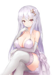 Rule 34 | 1girl, bare shoulders, blush, bow, braid, breasts, cleavage, closed mouth, commentary request, crossed legs, dress, elbow gloves, flower, gloves, gradient hair, hair between eyes, hair ornament, has bad revision, has downscaled revision, head tilt, highres, jewelry, large breasts, long hair, md5 mismatch, multicolored hair, original, purple bow, purple dress, purple flower, purple hair, purple rose, red eyes, rekareka, resolution mismatch, ring, rose, silver hair, simple background, sitting, sleeveless, sleeveless dress, smile, solo, source smaller, thighhighs, very long hair, white background, white gloves, white thighhighs