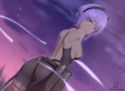 Rule 34 | 1girl, absurdres, ass, backless outfit, bandaged leg, bandages, bare back, bare shoulders, belt, black bodysuit, black gloves, black hairband, blush, bob cut, bodysuit, breasts, cloud, cloudy sky, commentary, dark-skinned female, dark skin, dated, dutch angle, elbow gloves, fate/prototype, fate/prototype: fragments of blue and silver, fate (series), fingerless gloves, from behind, gloves, hairband, hassan of serenity (fate), highres, hoshizora rick, looking at viewer, looking back, loose belt, medium breasts, night, night sky, open mouth, outdoors, purple eyes, purple hair, purple sky, short hair, signature, sky, solo, standing, star (sky), starry sky, twitter username