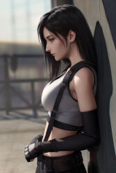Rule 34 | 1girl, against wall, black hair, breasts, commentary, crop top, earrings, elbow gloves, english commentary, final fantasy, final fantasy vii, final fantasy vii remake, from side, gloves, highres, jewelry, large breasts, long hair, low-tied long hair, midriff, miura-n315, skirt, solo, suspender skirt, suspenders, tank top, tifa lockhart, white tank top