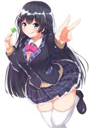 Rule 34 | 1girl, :q, black hair, blue eyes, blush, braid, clover, commentary request, french braid, highres, john zhang, long hair, looking at viewer, nijisanji, pleated skirt, school uniform, simple background, skirt, solo, thighhighs, tongue, tongue out, tsukino mito, tsukino mito (1st costume), v, virtual youtuber, white background, white thighhighs
