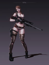 Rule 34 | 1girl, bikini, black gloves, blue eyes, breasts, brown hair, cleavage, front-tie bikini top, front-tie top, full body, gloves, gun, highres, holster, large breasts, long hair, looking at viewer, metal gear (series), metal gear solid v: the phantom pain, navel, npye13, poenatsha yuen, ponytail, quiet (metal gear), rifle, scope, sniper rifle, solo, standing, stomach, suspenders, swimsuit, thigh holster, thigh strap, thighhighs, torn clothes, torn thighhighs, weapon