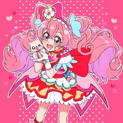 Rule 34 | 1girl, cure precious, delicious party precure, flower, food, frilled skirt, frills, hair flower, hair ornament, heart, highres, kome-kome (precure), nagomi yui, onigiri, pink ribbon, precure, ribbon, skirt, solo focus, twintails, yufu kyouko
