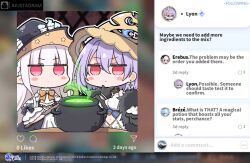 Rule 34 | azur lane, black gloves, black headwear, blue fire, blush stickers, braid, breasts, candle, cane, cauldron, chibi, closed mouth, clothing cutout, commentary, copyright name, dress, earrings, english commentary, english text, erebus (azur lane), fire, gloves, grey hair, hair between eyes, hat, highres, holding, jewelry, jitome, large breasts, long hair, long sleeves, looking at viewer, lyon (azur lane), maille-breze (azur lane), mole, mole under eye, navel, no nose, official art, pink eyes, pointy ears, purple hair, ribbon, shoulder cutout, star (symbol), star print, witch hat