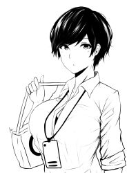 Rule 34 | 1girl, badge, bag, black bra, borrowed character, bra, bra peek, breasts, collared shirt, deroo, dress shirt, formal, greyscale, handbag, highres, id card, lanyard, large breasts, looking at viewer, monochrome, name tag, office lady, olive laurentia, original, pixie cut, shirt, short hair, simple background, sleeves rolled up, solo, swept bangs, unbuttoned, unbuttoned shirt, underwear, upper body, white background, white shirt