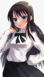 Rule 34 | 1girl, :o, absurdres, black bow, black hair, black hairband, black skirt, blue eyes, blush, bow, bowtie, commentary request, grey background, hairband, hand on own hip, highres, itsuka neru, long hair, long sleeves, looking at viewer, shirt, simple background, skirt, solo, tohno akiha, tsukihime, tsukihime (remake), upper body, very long hair, white shirt