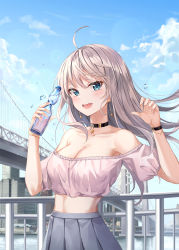 Rule 34 | 1girl, :d, ahoge, armpit peek, bare shoulders, black choker, blue eyes, bottle, breasts, caba (caba091), choker, cleavage, collarbone, crop top, day, earrings, floating hair, grey skirt, hands up, high-waist skirt, highres, holding, holding bottle, jewelry, long hair, looking at viewer, medium breasts, midriff, mole, mole under eye, off-shoulder shirt, off shoulder, open mouth, original, outdoors, pleated skirt, shirt, silver hair, skirt, smile, solo, upper body, water bottle, white shirt, wristband