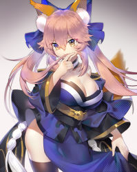 Rule 34 | 10s, 1girl, animal ears, balusah, blue thighhighs, blurry, breasts, cleavage, depth of field, detached sleeves, fate/extra, fate/extra ccc, fate/grand order, fate (series), fox ears, fox tail, hair ribbon, japanese clothes, large breasts, looking at viewer, md5 mismatch, pink hair, resolution mismatch, ribbon, solo, tail, tamamo (fate), tamamo no mae (fate/extra), thighhighs, yellow eyes