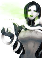 Rule 34 | 1girl, absurdres, animification, arm snake, bodysuit, breasts, character name, fangs, gas, gloves, highres, maya (sunset 9), medium breasts, name connection, object namesake, open hand, open mouth, parted bangs, short hair, snake, solo, spot color, upper body, v-shaped eyebrows, valorant, viper (valorant)