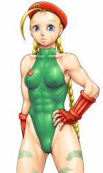 Rule 34 | 1girl, abs, ahoge, antenna hair, beret, blonde hair, blue eyes, braid, breasts, cameltoe, cammy white, camouflage, capcom, collarbone, covered navel, covered erect nipples, hand on own hip, hat, huge ahoge, kari (artist), leotard, long hair, muscular, scar, skin tight, small breasts, smile, solo, street fighter, thong leotard, twin braids