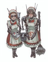 Rule 34 | 2girls, adeptus mechanicus, apron, black hair, blue eyes, broom, brown hair, dress, freckles, head-mounted display, highres, looking at viewer, maid, maid apron, maid headdress, mechanical arms, medium hair, mossacannibalis, multiple girls, original, parted lips, prosthesis, prosthetic arm, red dress, short hair, simple background, standing, white background