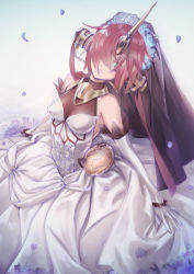 Rule 34 | 1girl, black veil, blue eyes, breasts, bridal veil, cleavage, commentary request, dress, elbow gloves, fate/grand order, fate (series), flower, frankenstein&#039;s monster (fate), gloves, hair over one eye, head tilt, headgear, horns, looking at viewer, medium breasts, na222222, petals, pink hair, rose, see-through, see-through cleavage, short hair, single horn, solo, veil, wedding dress, white dress, white flower, white gloves, white rose