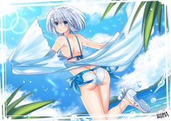 Rule 34 | 1girl, ass, ass cutout, beach, bikini, blue eyes, blush, butt crack, clothing cutout, date a live, day, expressionless, from behind, hair between eyes, hair ornament, hairclip, highres, leg up, lewdkuma, looking at viewer, looking back, medium hair, ocean, open mouth, outdoors, outstretched arms, sandals, side-tie bikini bottom, solo, standing, standing on one leg, sunlight, swimsuit, thighs, tobiichi origami, two-tone bikini, white hair