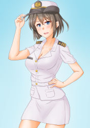 Rule 34 | 1girl, alternate costume, anti (untea9), blue background, blue eyes, brown hair, commentary request, contrapposto, female service cap, gradient background, hair ornament, hand on own hip, highres, kantai collection, looking at viewer, maya (kancolle), military, military uniform, naval uniform, shirt, short hair, skirt, solo, uniform, white headwear, white shirt, white skirt, x hair ornament