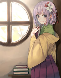 Rule 34 | 1girl, book, hugging book, book stack, closed mouth, cowboy shot, flower, from side, hair flower, hair ornament, hakama, hakama skirt, hieda no akyuu, highres, holding, holding book, indoors, japanese clothes, kimono, long sleeves, looking at viewer, looking to the side, meiji schoolgirl uniform, hugging object, off shoulder, rinarisa, short hair, skirt, smile, solo, sunlight, touhou, wide sleeves