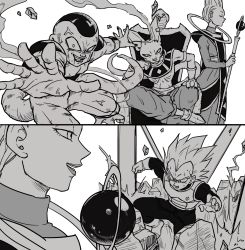 Rule 34 | 3boys, alien, beerus, closed eyes, comic, crossed legs, dragon ball, dragon ball z fukkatsu no f, dragonball z, egyptian clothes, frieza, greyscale, hakaishin, hand on own face, highres, looking at viewer, looking away, male focus, monochrome, multiple boys, muscular, nervous, outstretched hand, simple background, staff, super saiyan, super saiyan blue, tail, throne, tkgsize, vegeta, whis, white background