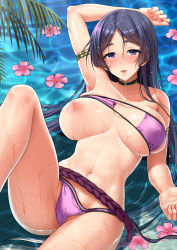 Rule 34 | 1girl, arm behind back, arm up, armlet, armpits, bikini, blush, breasts, choker, collarbone, eyepatch bikini, fate/grand order, fate (series), flower, head tilt, highres, large breasts, long hair, looking at viewer, minamoto no raikou (fate), minamoto no raikou (fate/grand order), minamoto no raikou (swimsuit lancer) (fate), navel, nipples, parted bangs, partially submerged, purple bikini, purple eyes, purple hair, shallow water, skindentation, solo, swimsuit, water, water drop, wet, youshuu