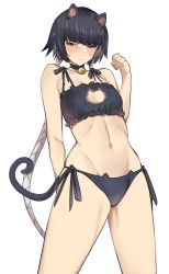 Rule 34 | 1girl, animal ears, animal print, arm behind back, arm up, bell, black bra, black hair, black panties, bleach, blue eyes, blunt bangs, bra, braid, breasts, cat cutout, cat ears, cat lingerie, cat panties, cat print, cat tail, choker, clothing cutout, embarrassed, highres, jingle bell, kuma (jk0073), long hair, looking at viewer, meme attire, navel, neck bell, panties, paw pose, paw print, print panties, side-tie panties, small breasts, solo, standing, sui-feng, tail, twin braids, twintails, underwear, underwear only, white background
