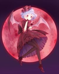 Rule 34 | 1girl, alcohol, alternate costume, bat wings, black bow, black pantyhose, blue hair, blush, bow, closed mouth, commentary, cup, dress, drinking glass, frilled sleeves, frills, full body, full moon, hand on own cheek, hand on own face, hand up, hat, hat bow, high heels, highres, holding, holding cup, knees together feet apart, looking at viewer, mayaru, mob cap, moon, pantyhose, pink bow, red bow, red dress, red eyes, red footwear, red hat, red moon, remilia scarlet, short hair, short sleeves, smile, solo, touhou, waist bow, wine, wine glass, wings, wrist bow