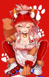 Rule 34 | 1girl, animal ear fluff, animal ears, animal hands, apron, bell, bow, breasts, cleavage, collar, dress, fate/extra, fate/grand order, fate (series), fox ears, fox girl, fox tail, hair between eyes, hair bow, highres, jingle bell, kubomi 943, large breasts, long hair, looking at viewer, lostroom outfit (fate), neck bell, one eye closed, pink hair, ponytail, red bow, red thighhighs, roller skates, sidelocks, skates, smile, solo, squatting, striped clothes, striped dress, tail, tamamo (fate), tamamo cat (fate), thighhighs, visor cap, white apron, yellow eyes