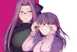 Rule 34 | 2girls, bespectacled, closed mouth, creat (kuribeni), cropped torso, fate/stay night, fate (series), female focus, glasses, hair between eyes, hair ribbon, highres, long hair, long sleeves, looking at another, looking up, matching hair/eyes, matou sakura, medusa (fate), medusa (rider) (fate), multiple girls, purple background, purple eyes, purple hair, ribbon, smile, square pupils, sweatdrop, sweater, two-tone background, white background