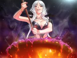 Rule 34 | 1girl, cauldron, fingernails, fire, frog, game cg, long fingernails, majodou, marie marigold, nail, nail polish, pink nails, red eyes, sano toshihide, silver hair, solo, witch