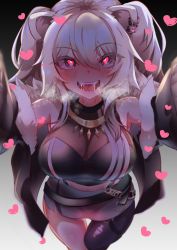 Rule 34 | 1girl, absurdres, animal ears, blush, breasts, cleavage, commentary, drooling, fangs, fur-trimmed jacket, fur trim, grey eyes, grey hair, heart, heart-shaped pupils, heavy breathing, highres, hololive, in heat, jacket, large breasts, lion ears, meshiiro (rome sy), open mouth, see-through, see-through cleavage, shishiro botan, shishiro botan (1st costume), single thighhigh, symbol-shaped pupils, thighhighs, virtual youtuber, yandere