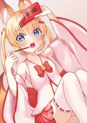 Rule 34 | 1girl, absurdres, animal ear fluff, animal ears, arm up, armpits, bell, blonde hair, blue eyes, commentary request, detached sleeves, eating, food, fox ears, fox tail, hair ornament, hairclip, highres, jingle bell, kemomimi oukoku kokuei housou, legs up, long hair, mikoko (kemomimi oukoku kokuei housou), miniskirt, open mouth, pink shirt, pocky, red skirt, ribbon, shirt, skirt, solo, tail, thighhighs, twintails, virtual youtuber, white thighhighs